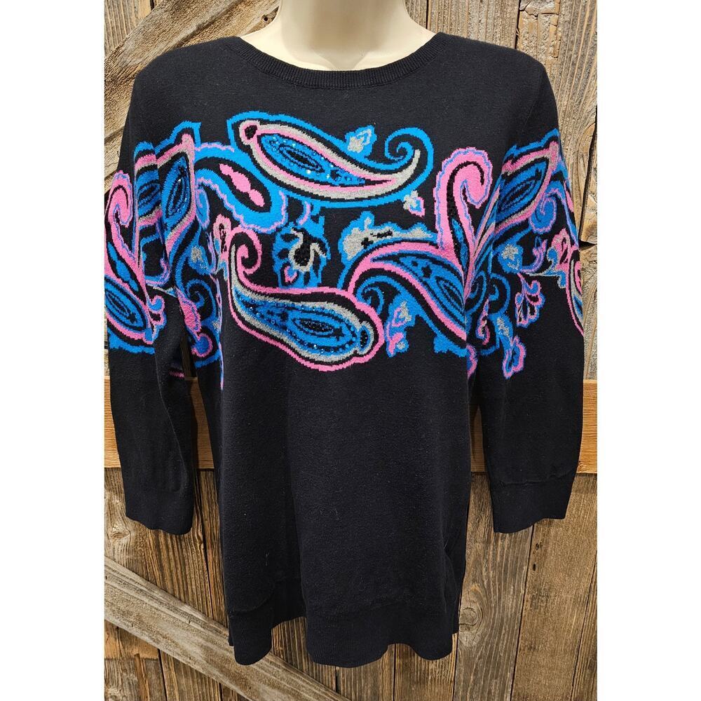 Cynthia Rowley L bright embellished knit sweater paisley glitz winter warm